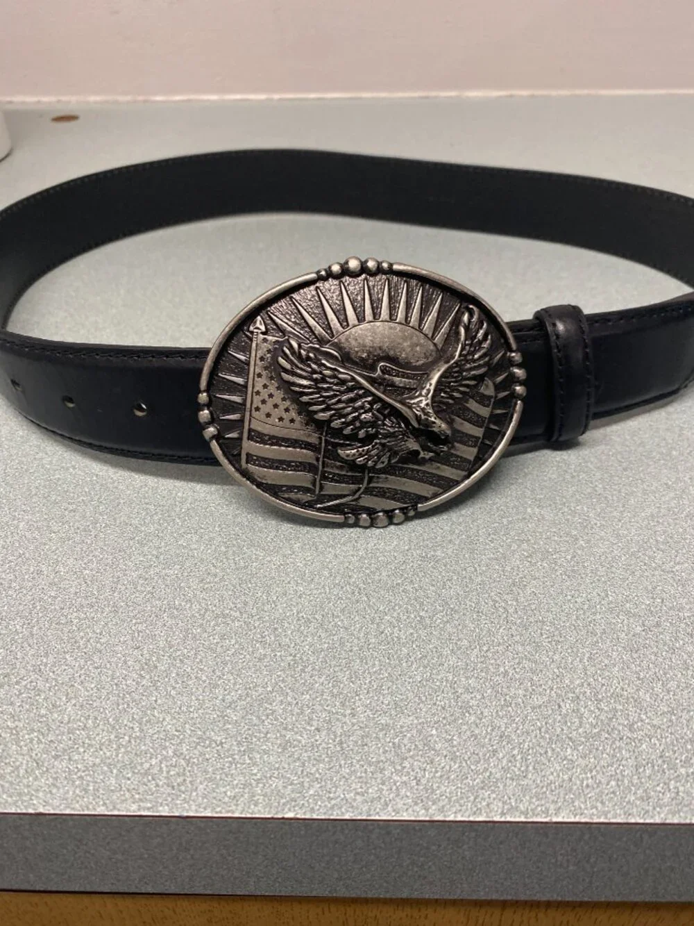 Cody James Men's Black Genuine Leather Western Belt w/ Eagle Flag Buckle Size 32